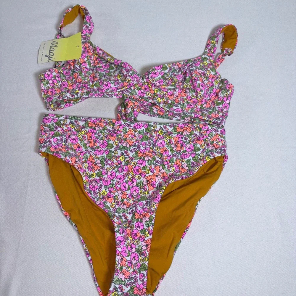 Maaji bikini swimwear Set L Pink Floral New Tie Front High Waist PT7000SET899LG